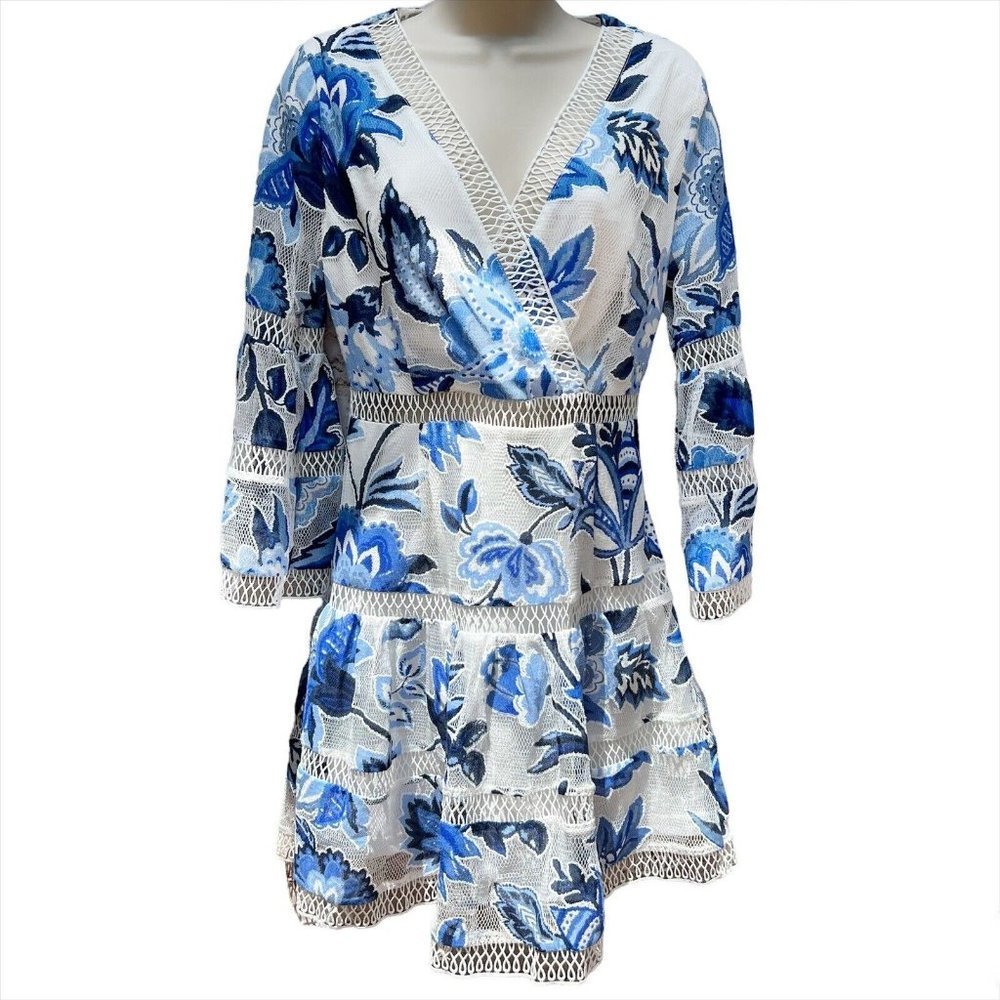 𝅺vici Blue White Floral Dress Size Small S Crochet Panels Garden Party Summer